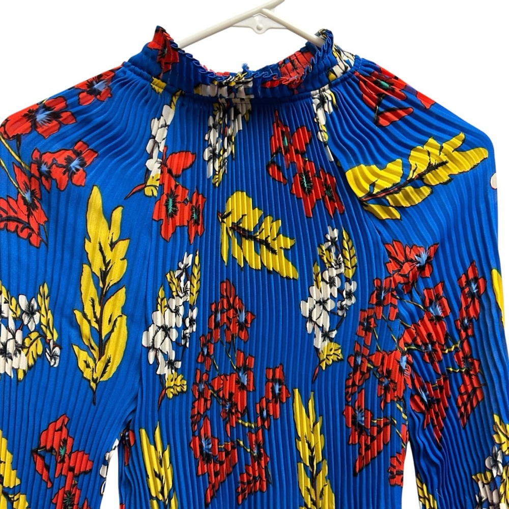 Belle Vere Pleated High Neck Balloon Sleeve Blue Floral Blouse